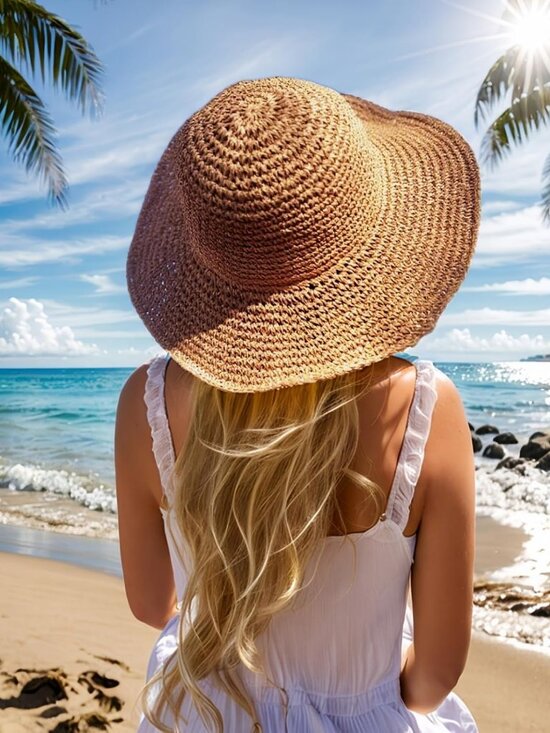 Women Foldable Summer Wide Brim Packable Sun Hat Travel Straw Fedora Hat Khaki4